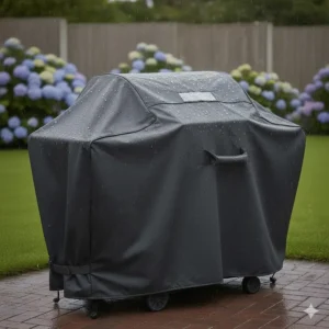 Full-length protective cover for a large 4-burner gas barbecue station in a suburban UK garden.