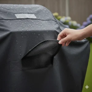 Built-in mesh air vents on a grill cover designed to reduce internal condensation and prevent rust.