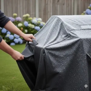 Sturdy padded handles on the side of a BBQ cover for easy fitting and removal from the grill.