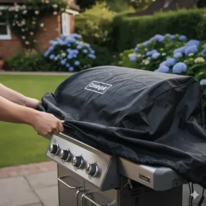 A weather-resistant black protective cover being fitted over a clean gas BBQ to protect it from the British weather.