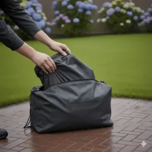 A compact, zippered storage bag used for neatly tucking away a BBQ cover when the grill is in use.
