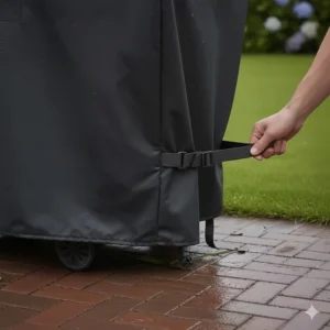Adjustable buckled straps and drawstring hem on a BBQ cover to prevent it blowing away in high winds.