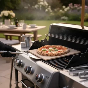 A ceramic pizza stone placed on a BBQ rack with a crisp sourdough pizza cooking.