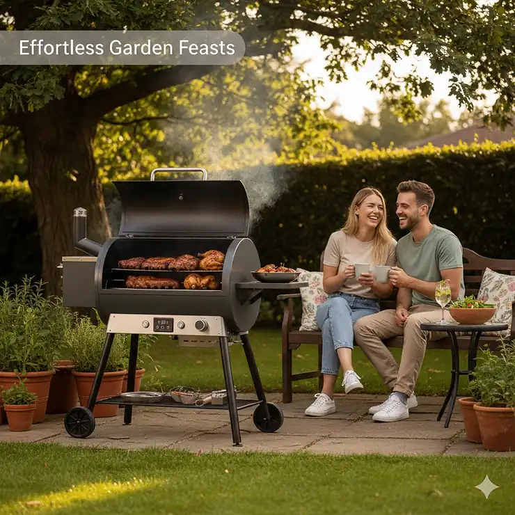 A high-quality budget pellet smoker positioned on a stone patio in a British garden during a summer barbecue. budget pellet smoker