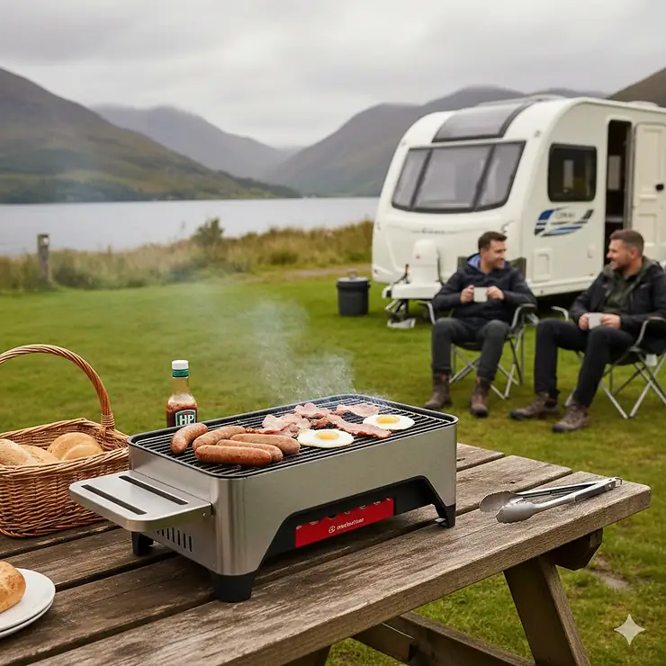 A portable gas camping BBQ cooking sausages and eggs on a wooden table with a white caravan and Lake District mountains in the background. best camping bbq