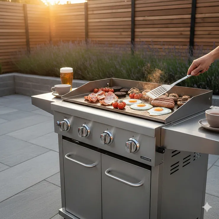 A premium outdoor flat top grill positioned on a light grey stone patio with burgers and sausages cooking on the steel surface during a bright afternoon. flat top grill