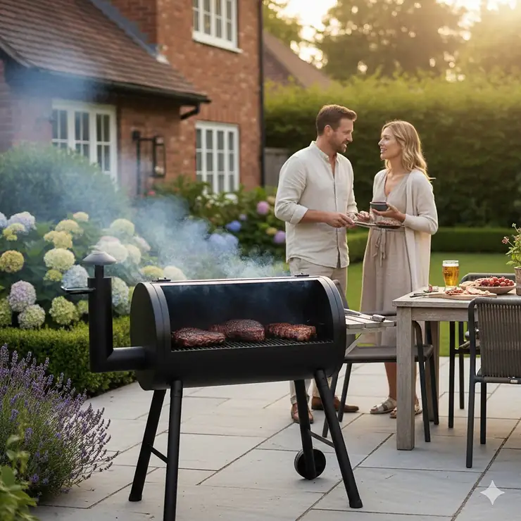 A traditional black offset smoker bbq producing thin blue smoke in a lush British garden setting with a brick house in the background. offset smoker bbq