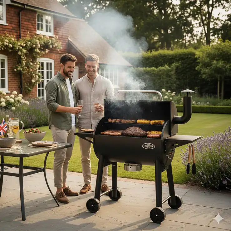 A top-rated Traeger wood pellet grill positioned on a stone patio in a British garden, smoking brisket for a summer barbecue. best Traeger grill