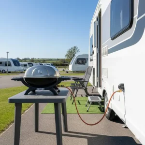 A modern tabletop BBQ connected via an orange hose to a white caravan’s external gas point on a professional hardstanding pitch.