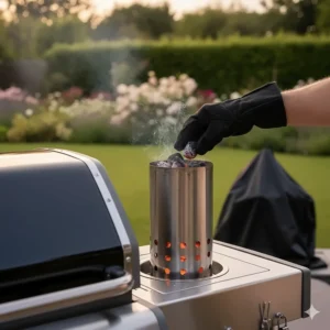 A charcoal chimney starter filled with glowing briquettes for a traditional British BBQ.