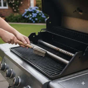 Using a small wire brush to clear debris from the portholes of stainless steel gas burner tubes.