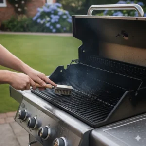Scrubbing carbon and food residue off heavy-duty cast iron BBQ grill racks with a stainless steel wire brush.