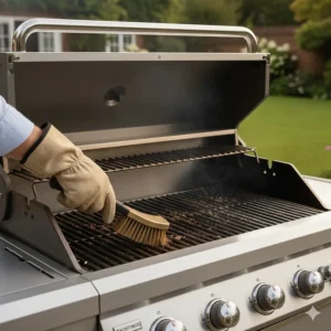 A person wearing protective gloves using a brass wire brush to clean the grates of a large gas BBQ.