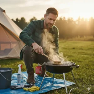 A man using a wooden-handled brush to clean the grates of a portable charcoal BBQ on a blue groundsheet outside a tent.
