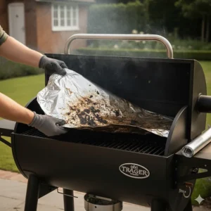 A close-up showing how to replace a disposable foil liner in the Traeger grease drip tray for easy maintenance.