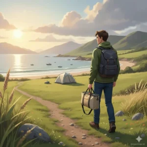 A male camper carrying a compact portable BBQ in a bag while walking towards a coastal campsite with a tent and sea views.