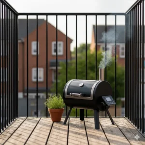 A compact budget pellet smoker designed to fit perfectly on a small UK balcony or terrace with a modern urban backdrop.