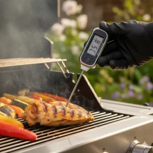 A digital instant-read meat thermometer checking the internal temperature of grilled chicken.