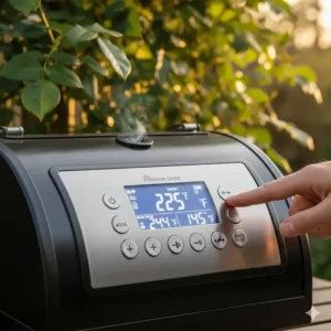 A close-up of a digital PID control panel on a budget pellet grill, showing precise temperature settings in a garden setting.