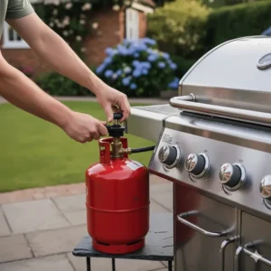 A person safely disconnecting a red patio gas bottle from a BBQ regulator in a garden setting.