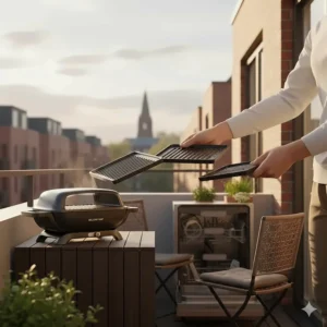 Alt text for image 5 A user removing removable grill plates from a balcony barbecue, with a dishwasher visible in the background for easy cleaning.