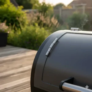 A detailed shot of the sturdy steel hinges and lid construction of a value-range pellet smoker on a wooden deck.