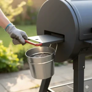 A person wearing a gardening glove demonstrating the easy-to-use ash clean-out system on a budget wood pellet smoker.