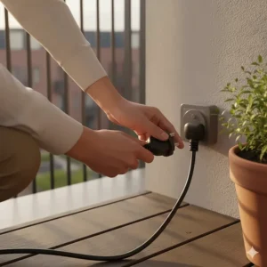 Alt text for image 4 Close-up of a person connecting a UK 3-pin plug to a weatherproof outdoor socket for an electric bbq for balcony use.