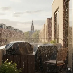 Alt text for image 7 An electric bbq for balcony storage protected by a heavy-duty waterproof cover during a typical British rain shower.