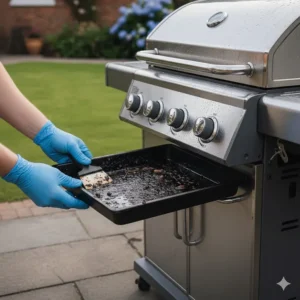 A person wearing blue gloves sliding out a removable grease tray from under a gas BBQ to be scraped and cleaned.