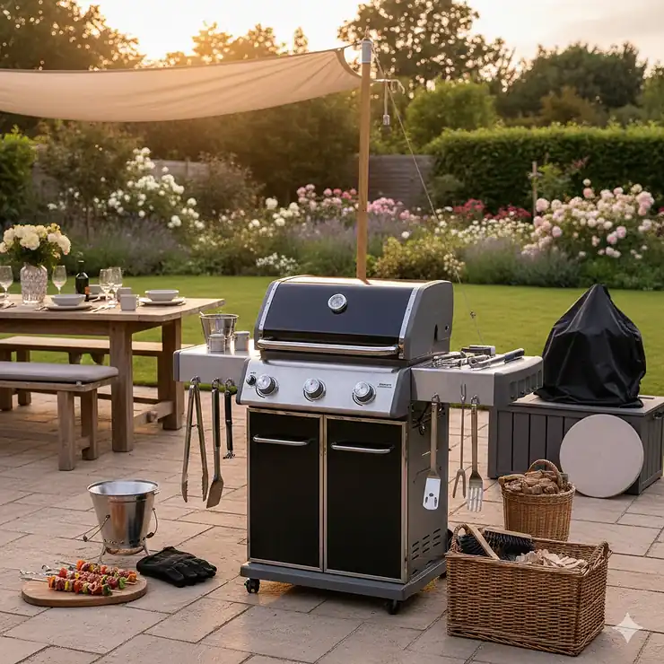 A premium stainless steel BBQ tool set laid out next to a charcoal barbecue in a lush British garden. bbq accessories