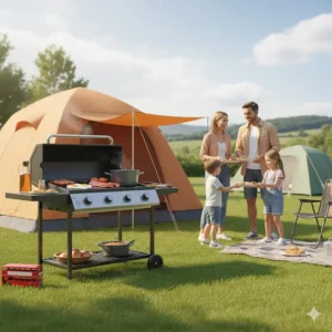 A large multi-burner gas camping BBQ being used by a family to cook breakfast outside their tent on a sunny day.