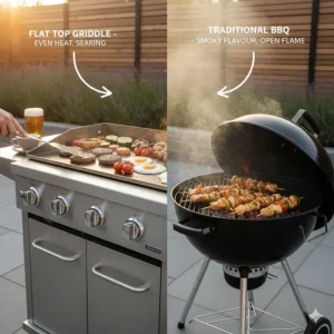 A side-by-side comparison of a flat top griddle and a traditional charcoal barbecue kettle grill showing the different cooking methods.