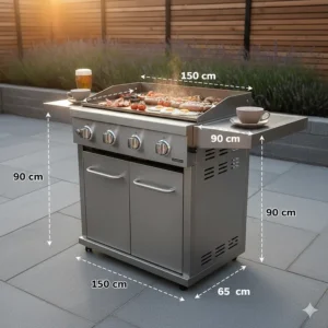 A technical guide showing the dimensions of a four burner flat top grill measured in centimetres for a garden patio space.