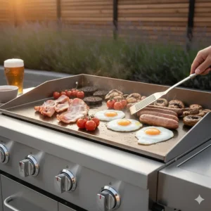 A full English breakfast featuring sausages, bacon, fried eggs, and grilled tomatoes cooking together on a large outdoor flat top griddle.