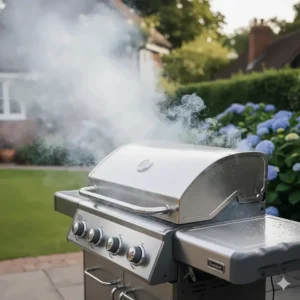 Smoke and steam rising from a closed gas BBQ during the high-heat burn-off cleaning method.