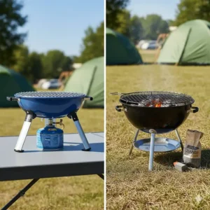A side-by-side comparison of a blue gas camping stove on a table and a black charcoal kettle BBQ on a grass pitch.