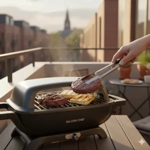 Alt text for image 9 Thick beef burgers and halloumi slices being flipped with tongs on an electric balcony grill.