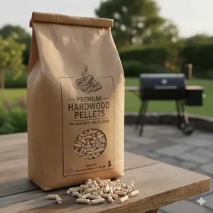 A large paper bag of premium hardwood pellets, sourced and packed in the UK, for use in a pellet barbecue.