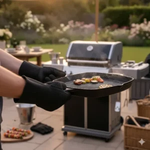 A pair of black heat-resistant silicone BBQ gloves holding a hot cast iron griddle pan.