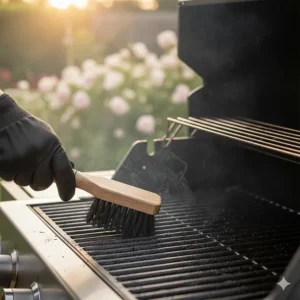 A heavy-duty wire BBQ cleaning brush being used to scrub a stainless steel grill grate.