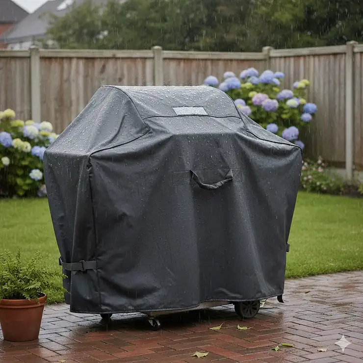 High-quality waterproof BBQ cover protecting a large gas grill in a British garden during rain. bbq cover