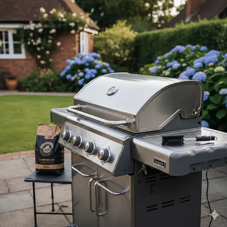 A clean three-burner gas BBQ on a stone patio in a UK garden, showing sparkling stainless steel control knobs and hood. how to clean gas bbq