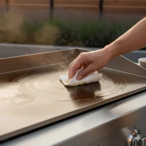 A close-up of a stainless steel flat top grill plate being seasoned with a thin layer of cooking oil to create a non-stick surface.