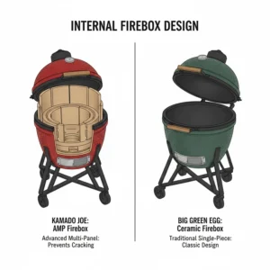 Alt text for image 6 An internal diagram showing the multi-panel Kamado Joe AMP firebox designed to prevent cracking compared to the classic Big Green Egg ceramic firebox.