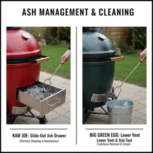 Alt text for image 8 An illustration of BBQ maintenance showing the Kamado Joe slide-out ash drawer and the Big Green Egg lower vent being cleaned with an ash tool.