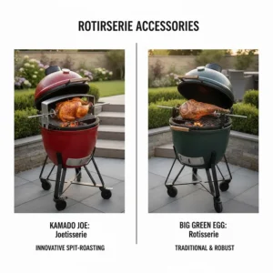 Alt text for image 7 A comparison of rotisserie attachments with a whole chicken cooking on a Kamado Joe Joetisserie and a joint of meat on a Big Green Egg Rotisserie.