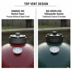 Alt text for image 4 Close-up comparison of the Kamado Joe Kontrol Tower top vent and the Big Green Egg rEGGulator, showing weather-resistant temperature control.