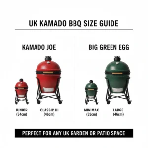 Alt text for image 9 A size guide infographic comparing the Kamado Joe Junior and Classic III against the Big Green Egg MiniMax and Large models for UK garden spaces.