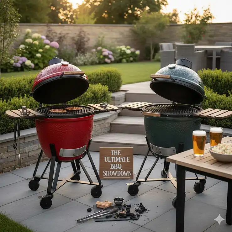 Alt text for image 1 A side-by-side comparison of a red Kamado Joe and a green Big Green Egg BBQ on a modern British patio, featuring the text The Ultimate BBQ Showdown. kamado joe vs big green egg